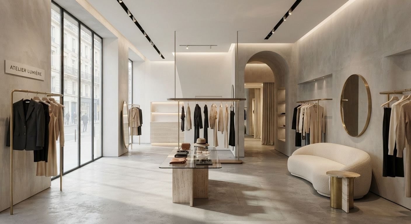 Boutique de moda con recorrido abierto, materiales neutros e iluminación arquitectónica