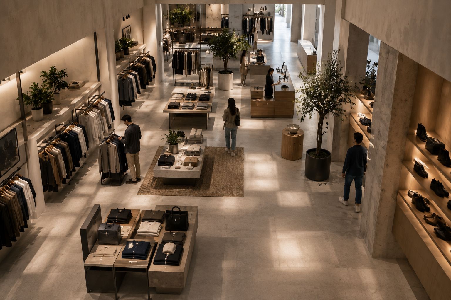 Vista elevada de una tienda de moda con recorridos, exhibidores y zonas de atención claramente organizados