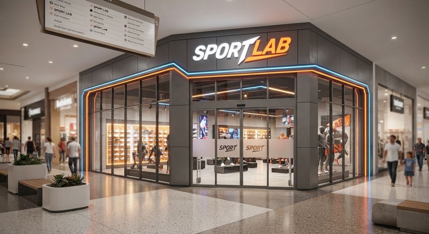 Fachada de una tienda deportiva diseñada como punto focal comercial